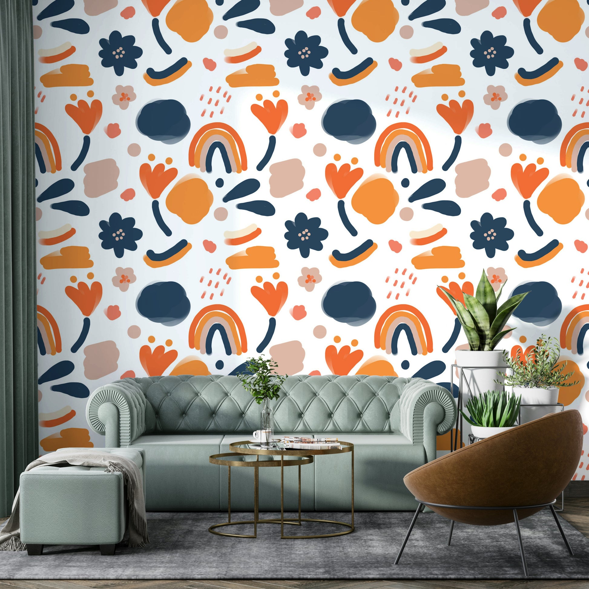 Retro floral wallpaper for walls with vibrant color.

