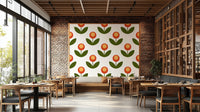 Mid-century style floral wallpaper for walls in bold hues.

