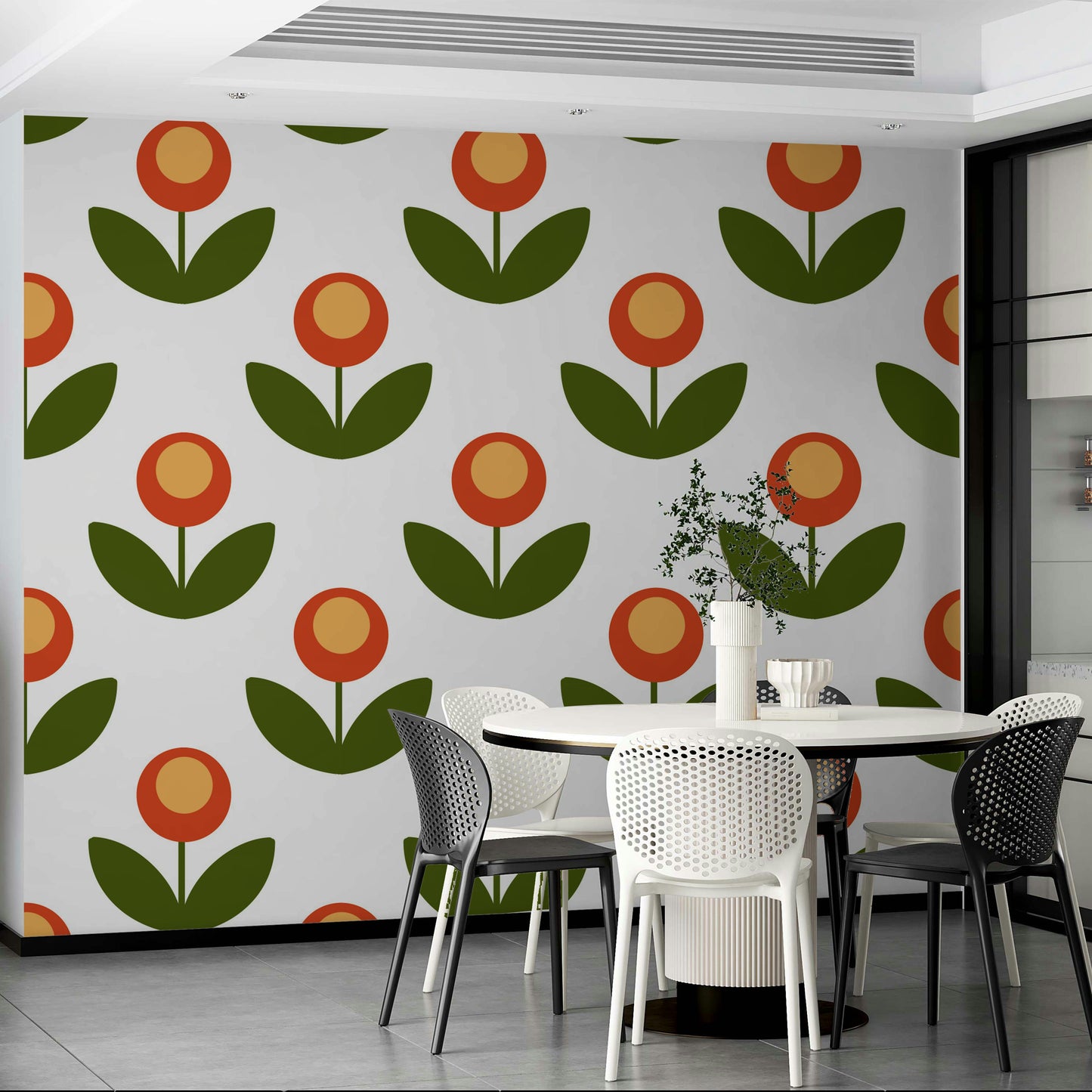 Mid-Century Modern Blooms wallpaper for vibrant spaces.

