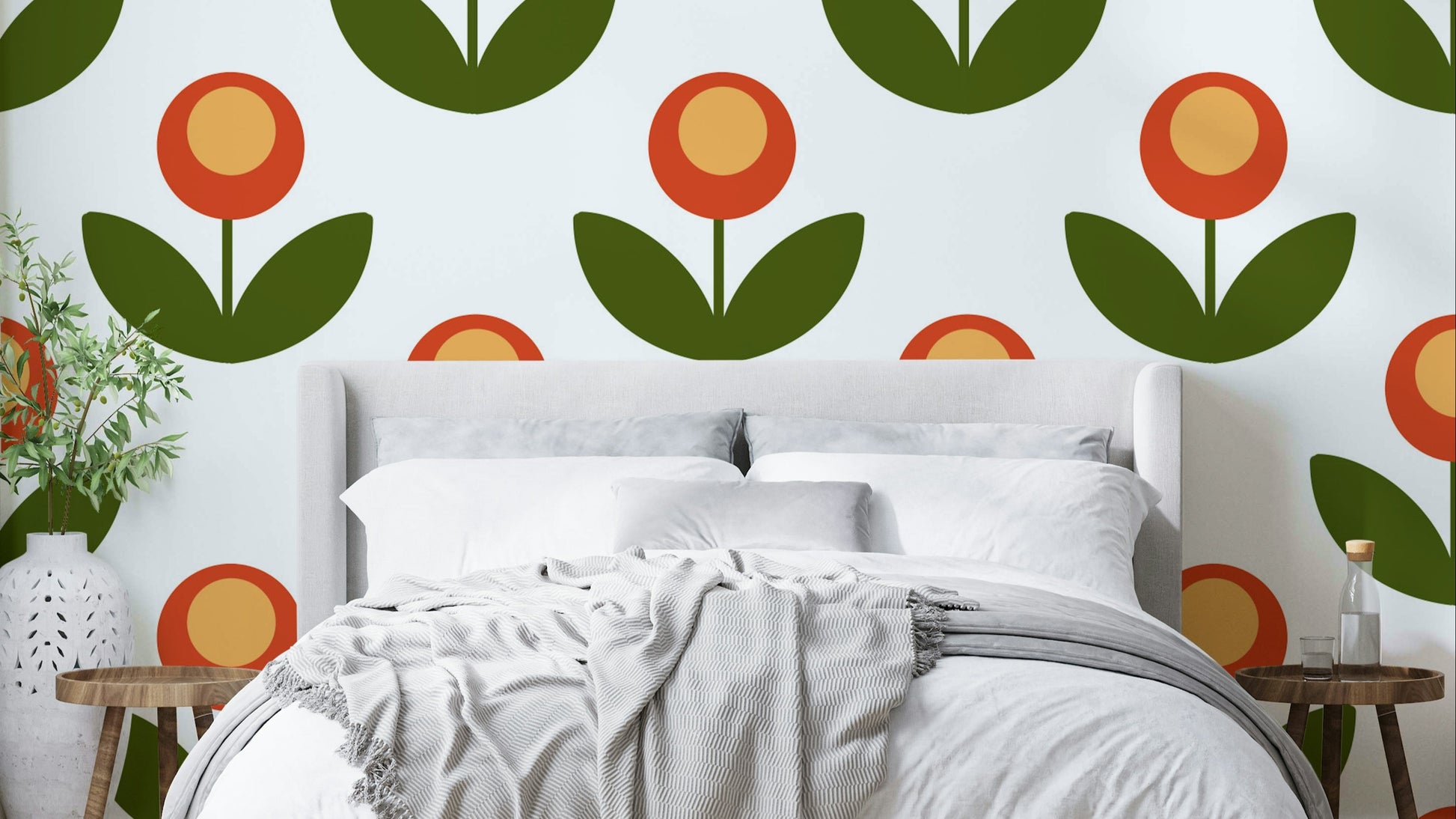 Mid-Century Modern Blooms wallpaper for a vintage look.

