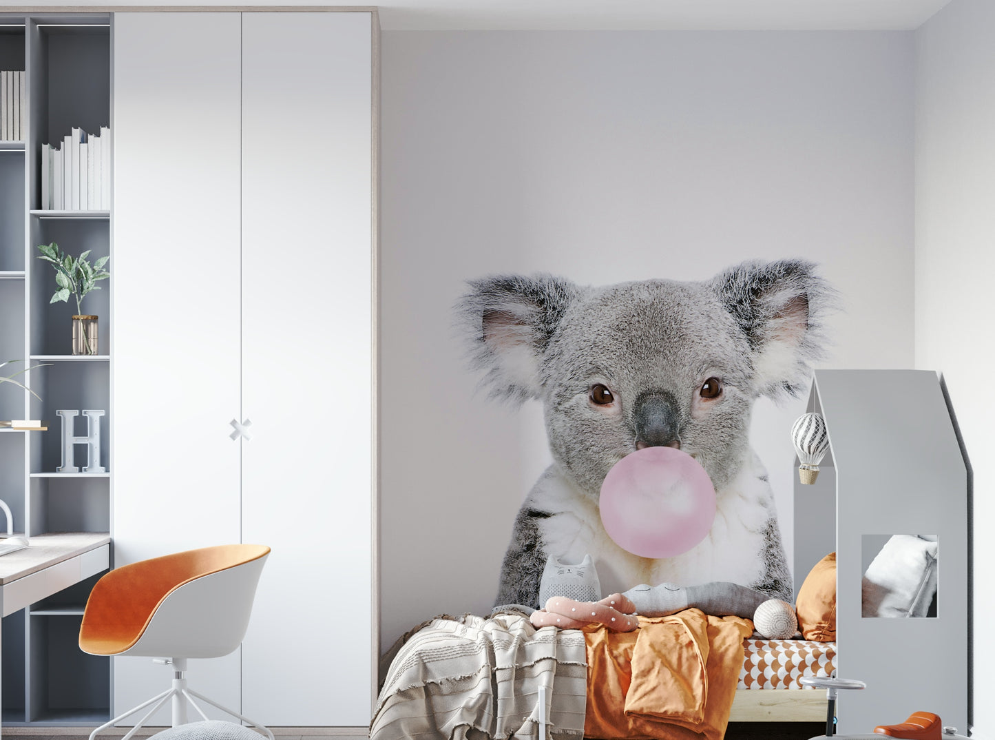 Colorful and playful koala wall mural with bubble gum.

