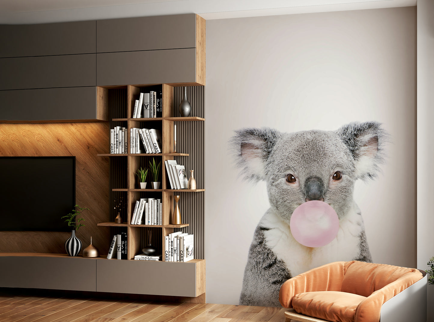 Adorable bubble gum koala mural for a fun and lively room vibe.

