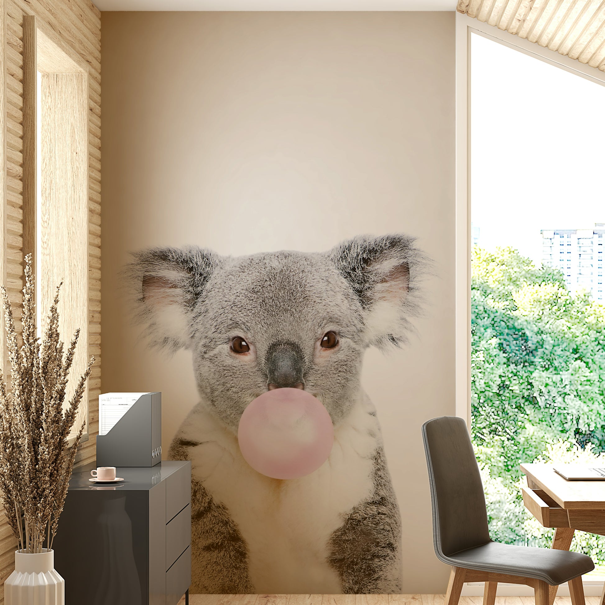 Cute koala mural blowing bubble gum for a light-hearted atmosphere.

