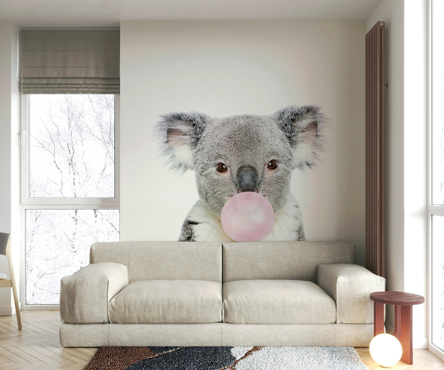 Cute koala blowing bubble gum in a colorful wall mural design.

