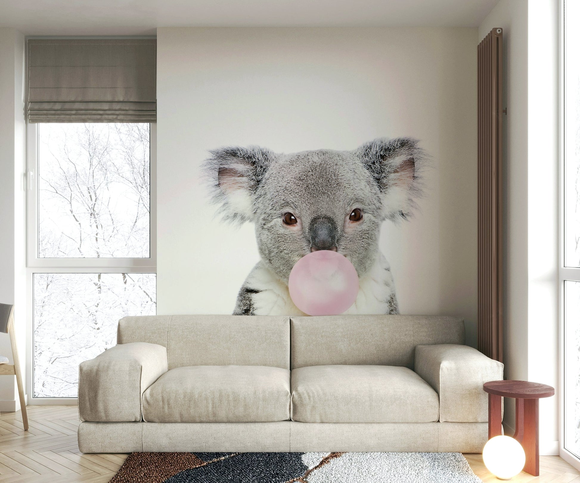 Cute koala blowing bubble gum in a colorful wall mural design.

