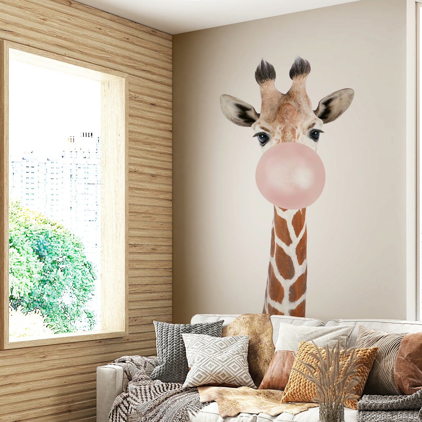 Bubble Gum Giraffe Wall Mural with giraffe blowing bubble gum.

