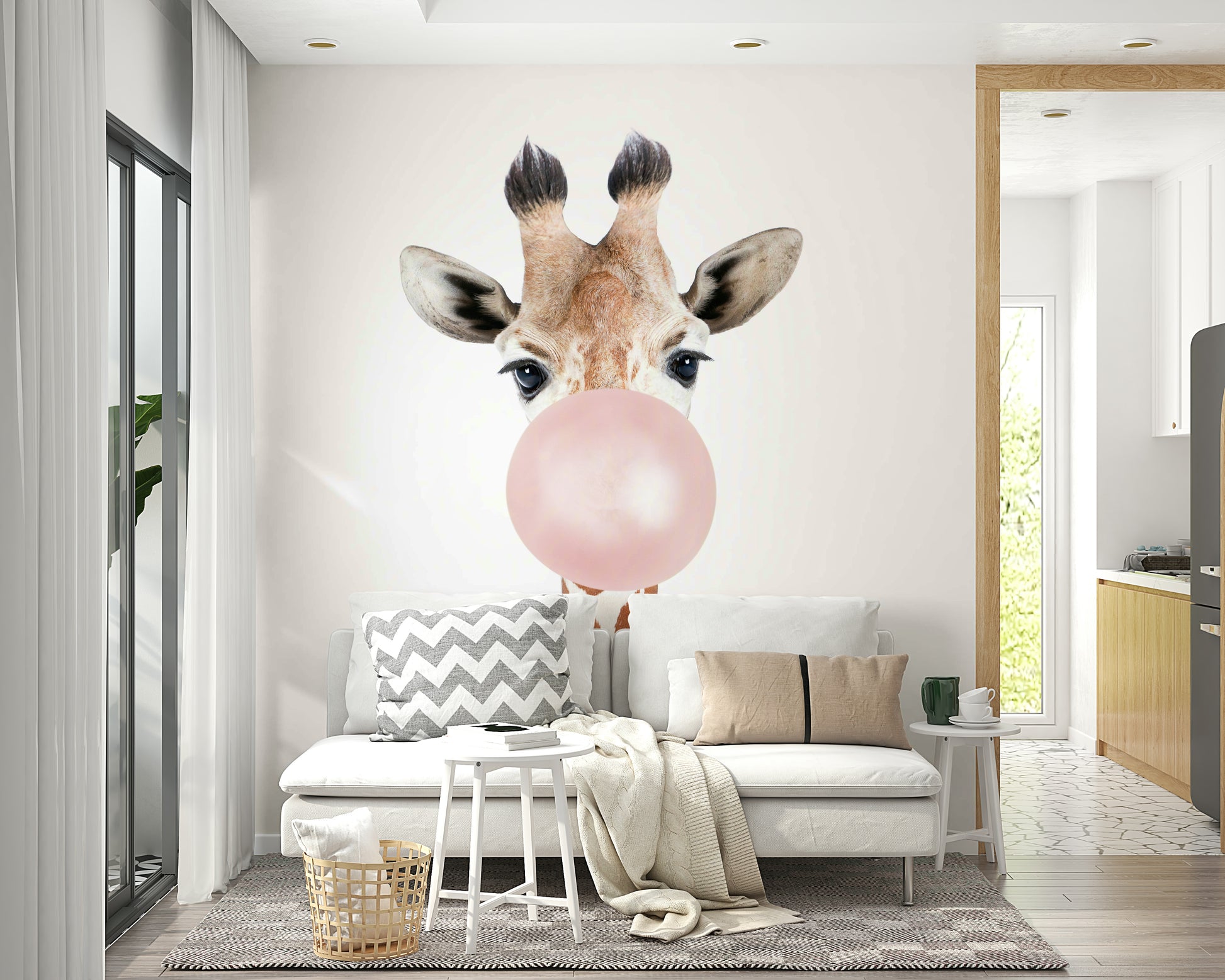 Bubble gum giraffe mural for creating a cheerful and playful space.

