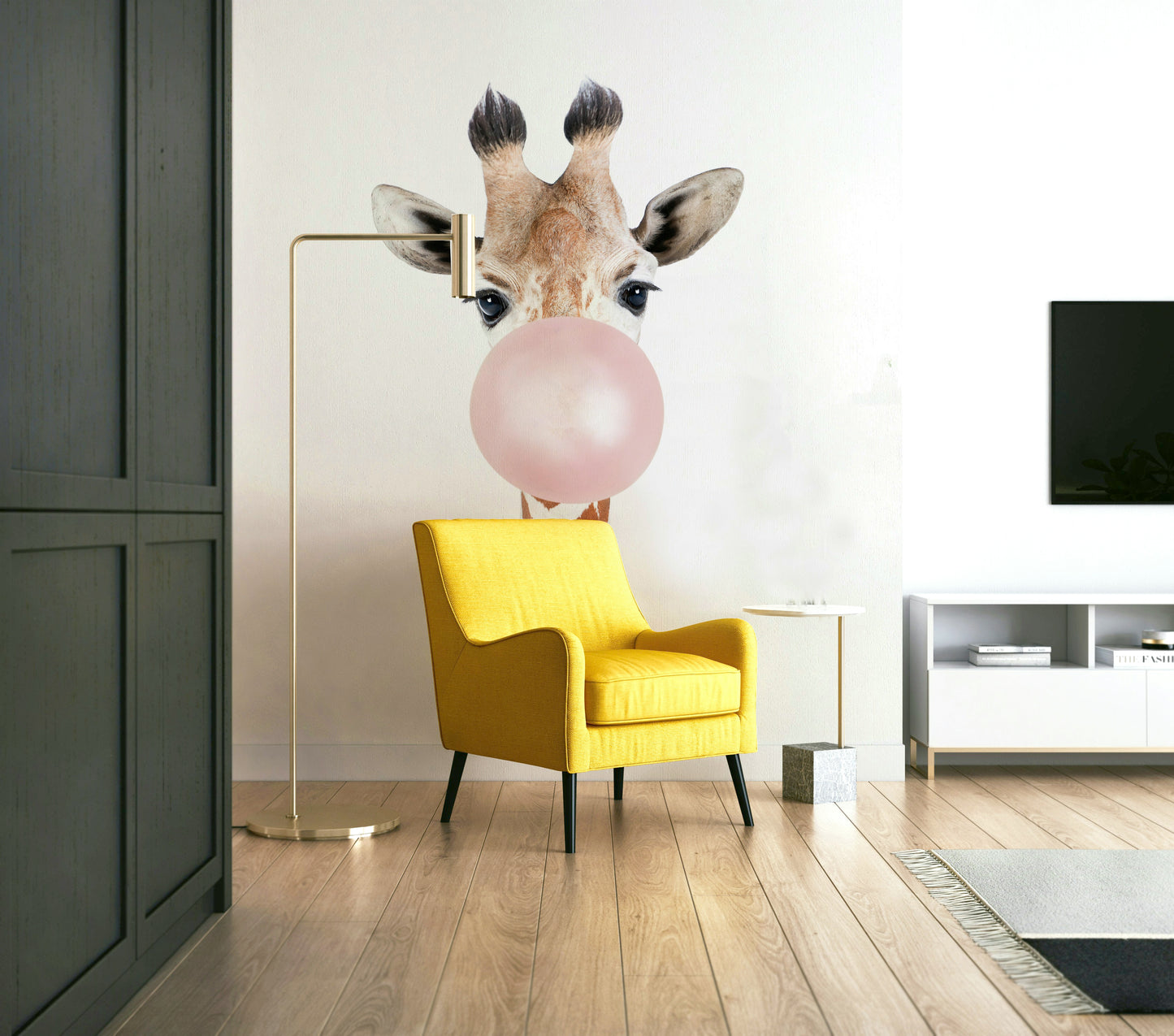 Playful giraffe mural with bubble gum for a fun, vibrant room.

