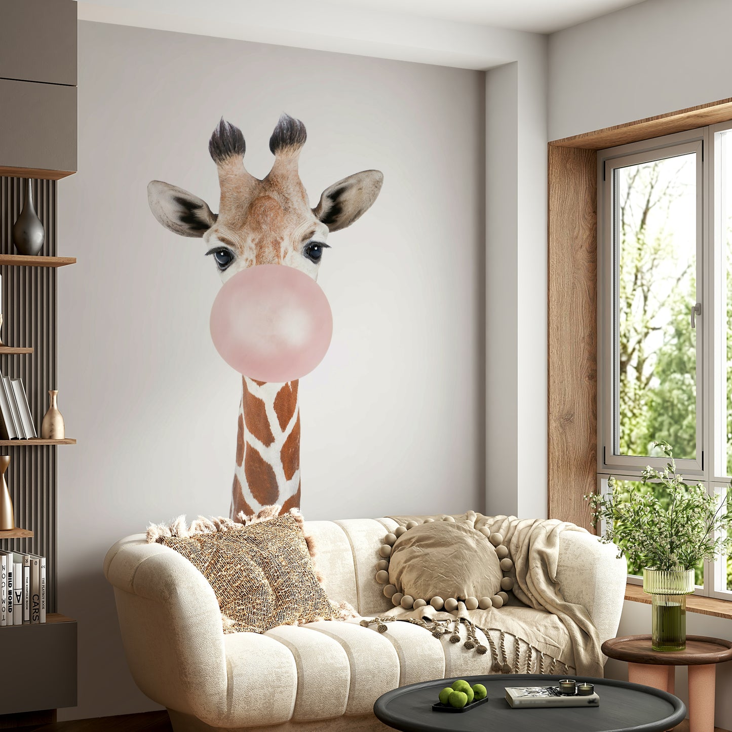 Colorful giraffe with bubble gum in a whimsical wall mural.

