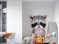 Fun raccoon mural with bubble gum for adding charm to kids' rooms.

