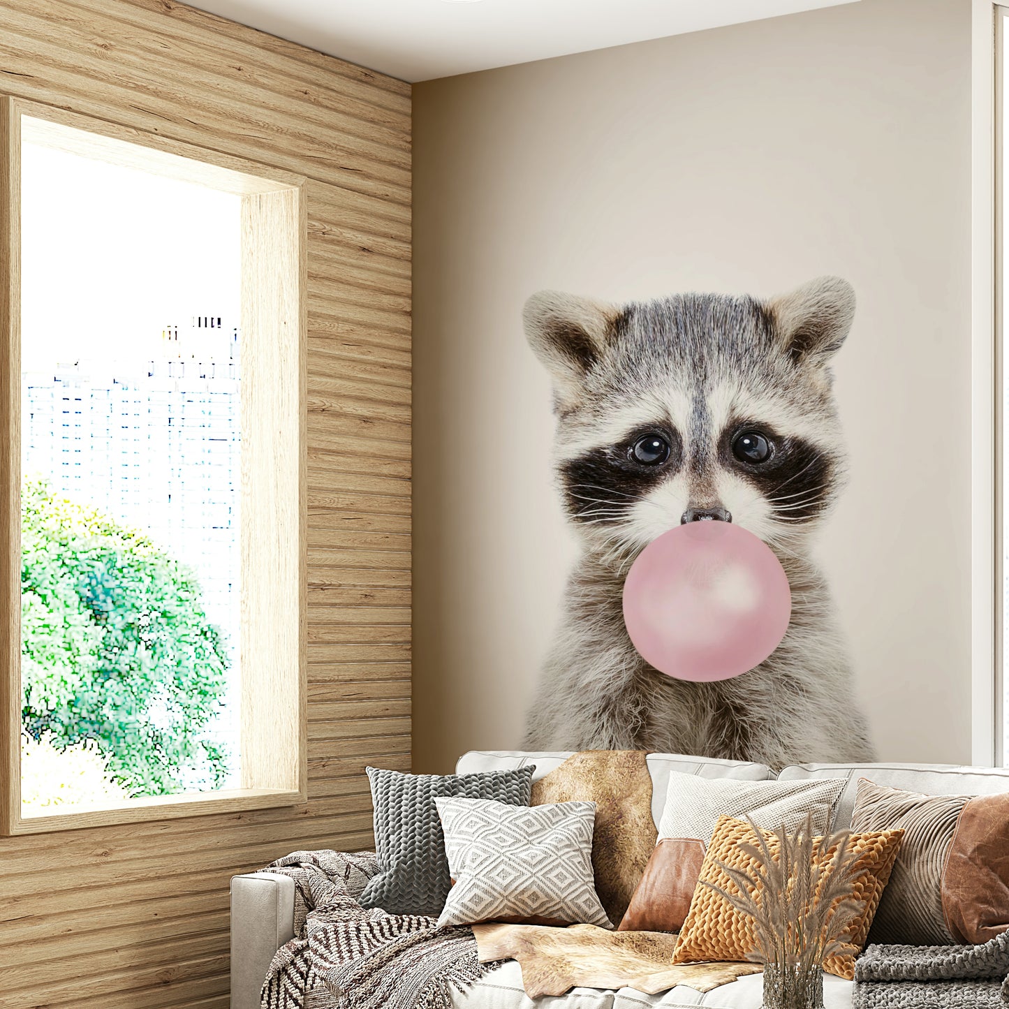 Mischievous raccoon with bubble gum in a whimsical wall mural.

