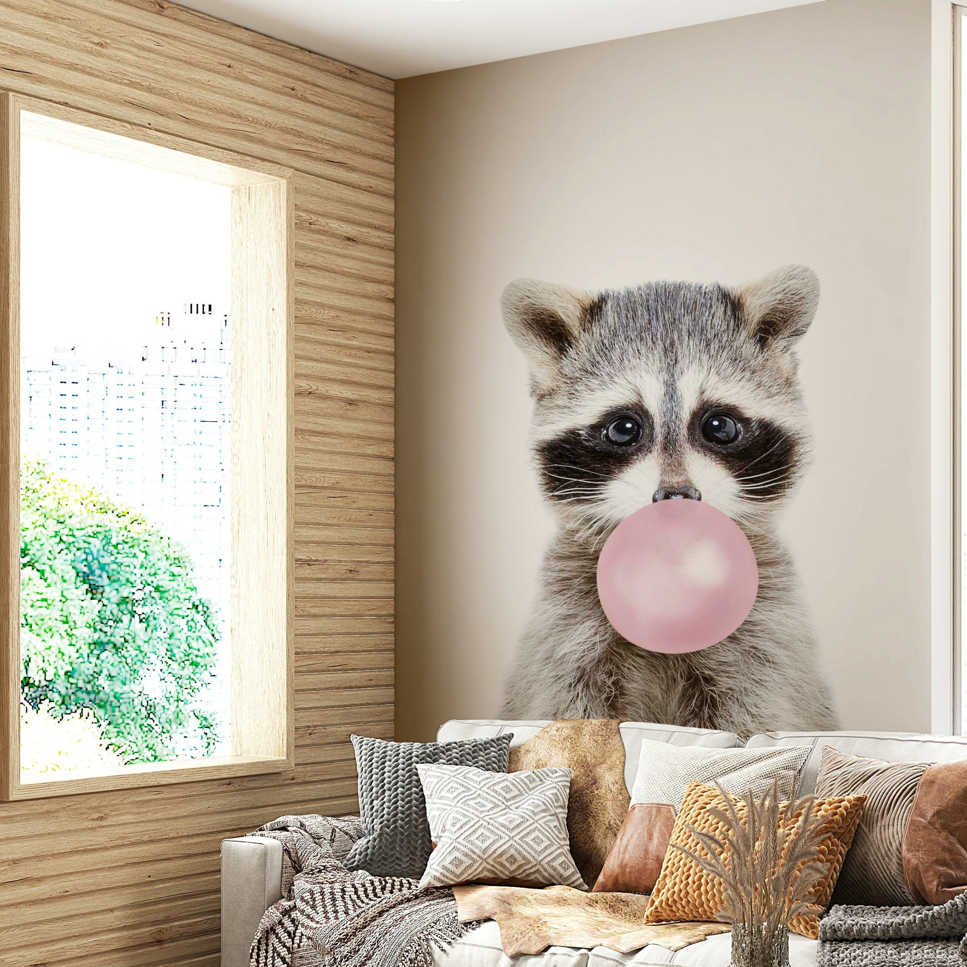 Mischievous raccoon with bubble gum in a whimsical wall mural.

