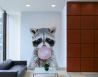 Playful raccoon mural with bubble gum for a fun, whimsical room.

