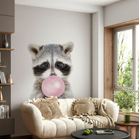 Bubble gum raccoon mural for a fun, cheerful room vibe.

