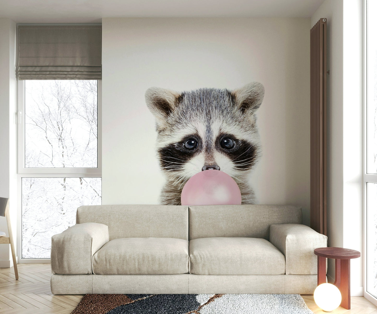 Fun and colorful raccoon mural with bubble gum twist for decor.

