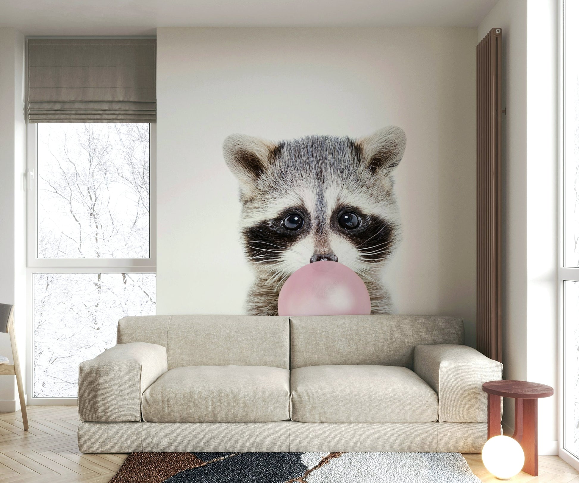 Fun and colorful raccoon mural with bubble gum twist for decor.

