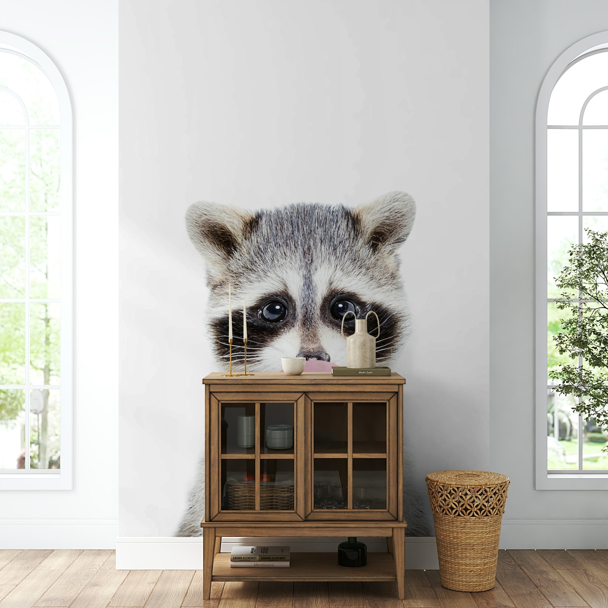Colorful bubble gum raccoon design for a lively and joyful space.

