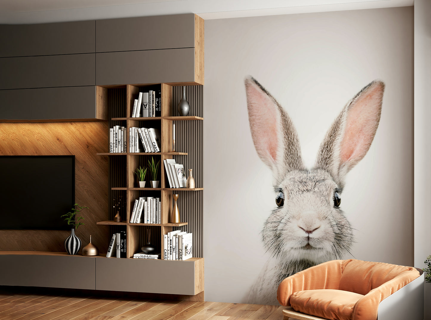Cute bunny mural creating a light and whimsical atmosphere.

