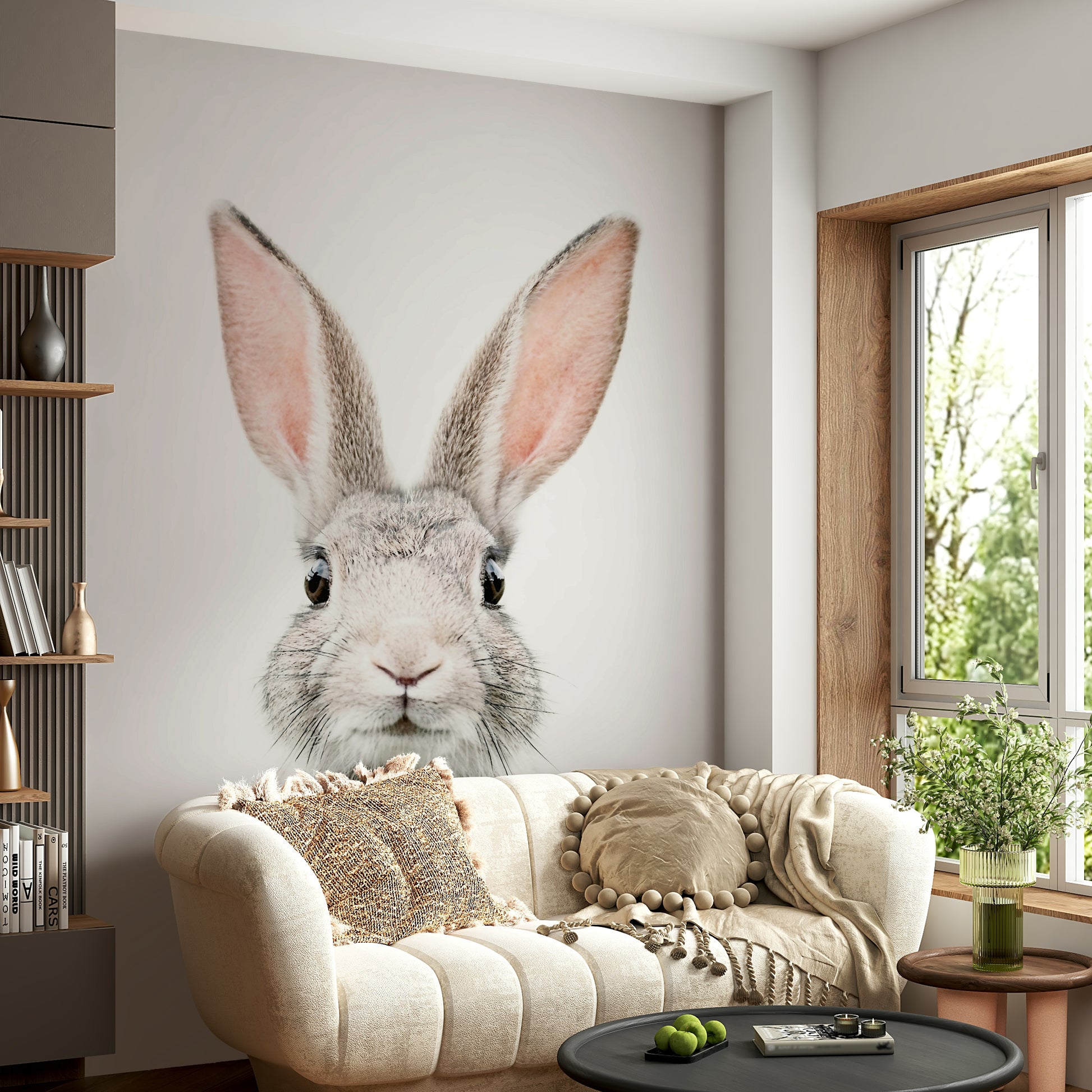 Bunny mural wallpaper for a cheerful and cozy room ambiance.

