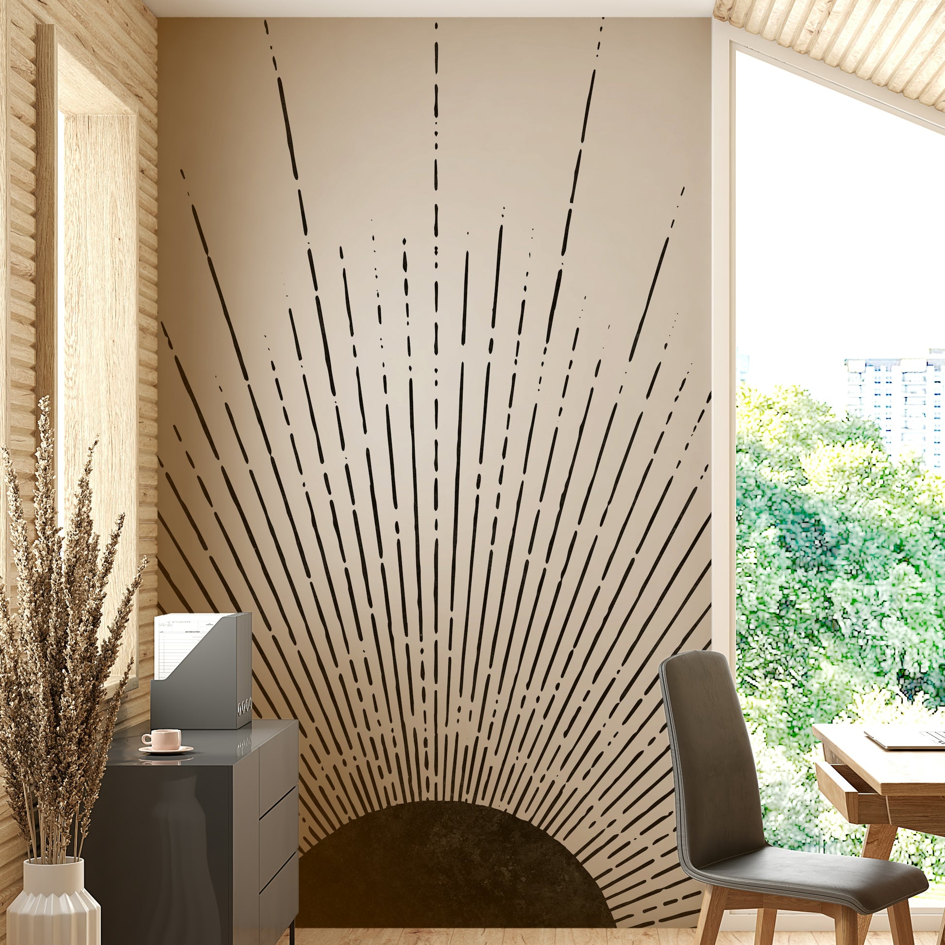 Black Sun Rays Wall Mural with dark rays radiating from the sun.

