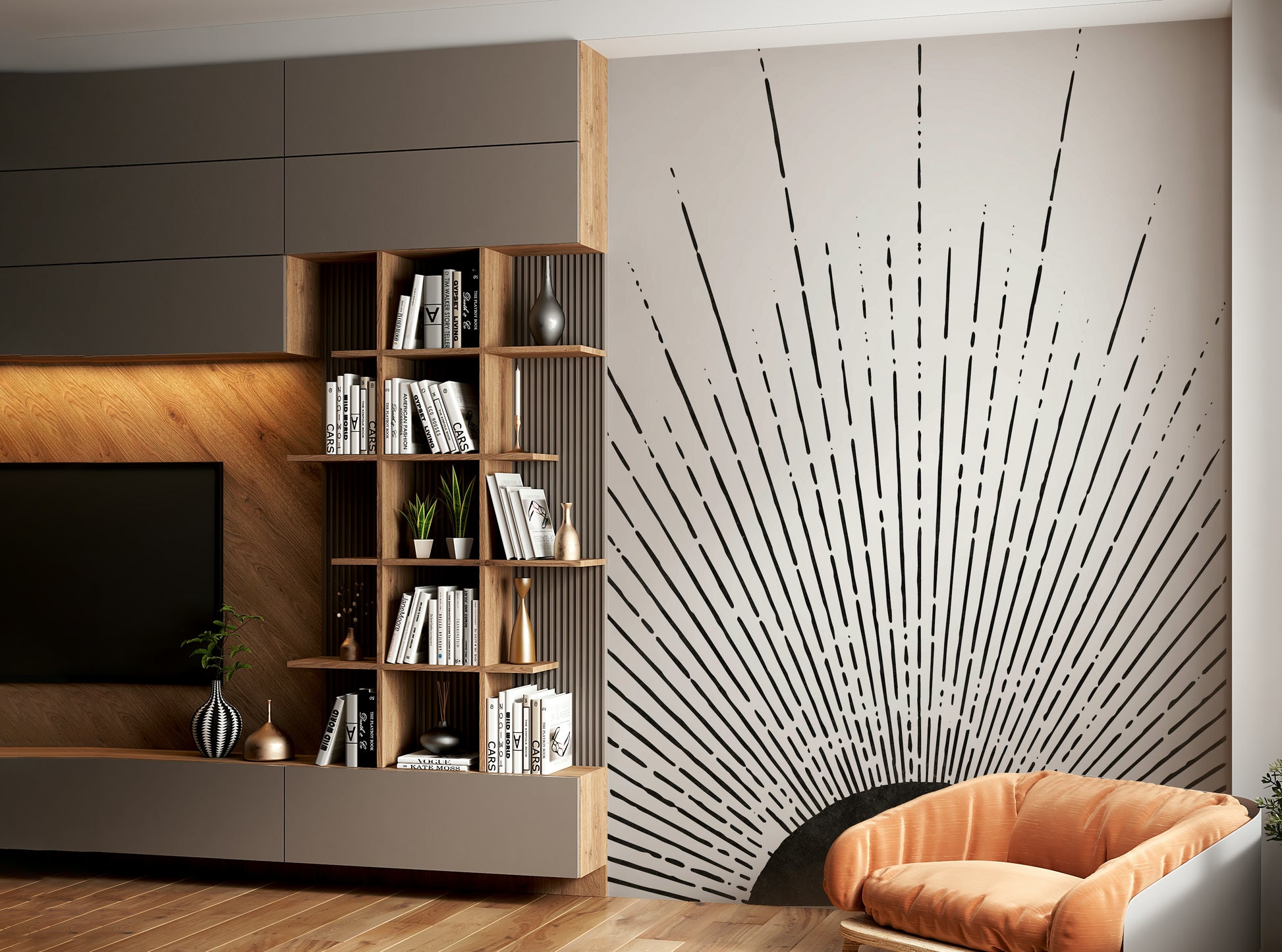 Unique black sun rays mural adding a touch of dramatic elegance to any room.

