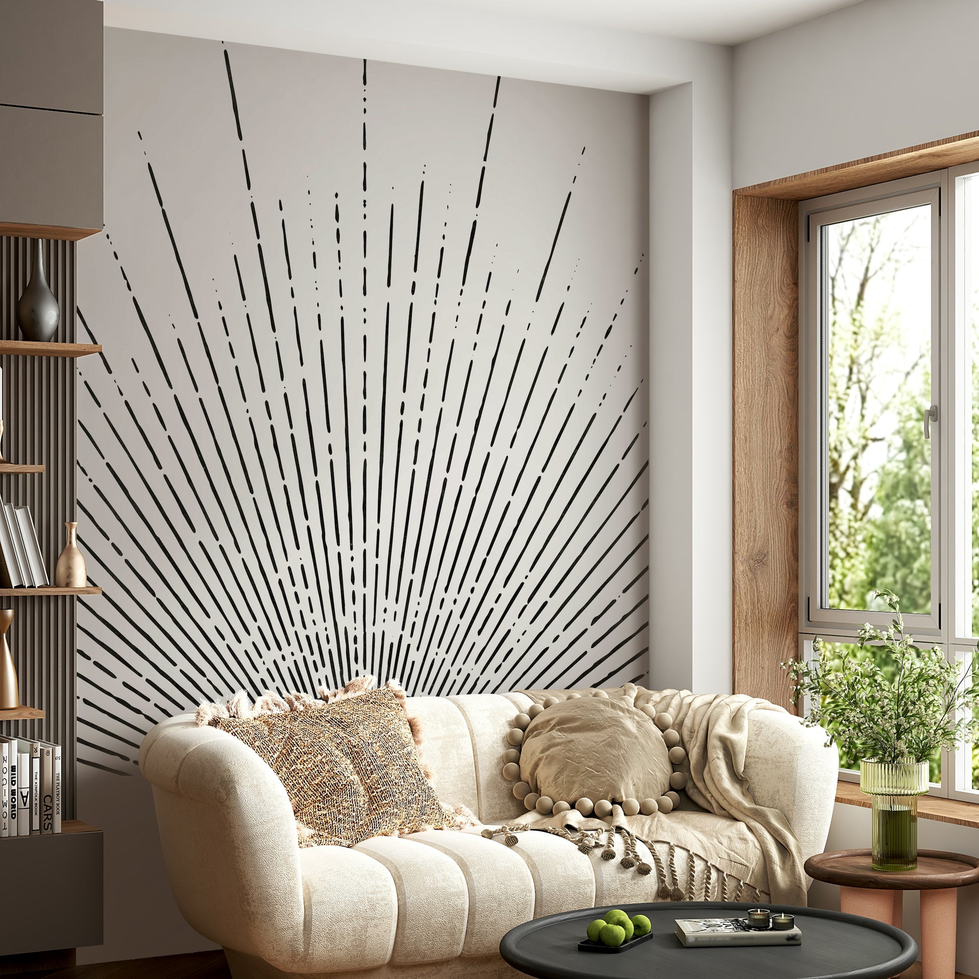 Dark sun rays wall mural adding energy and movement to your space.

