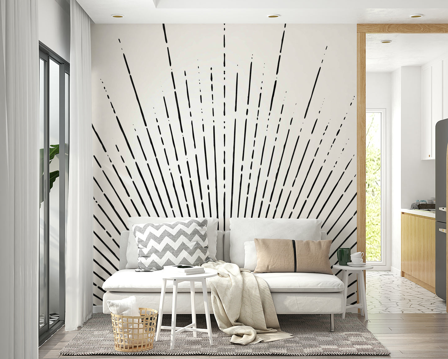 Black Sun Rays mural for a bold, contemporary room atmosphere.

