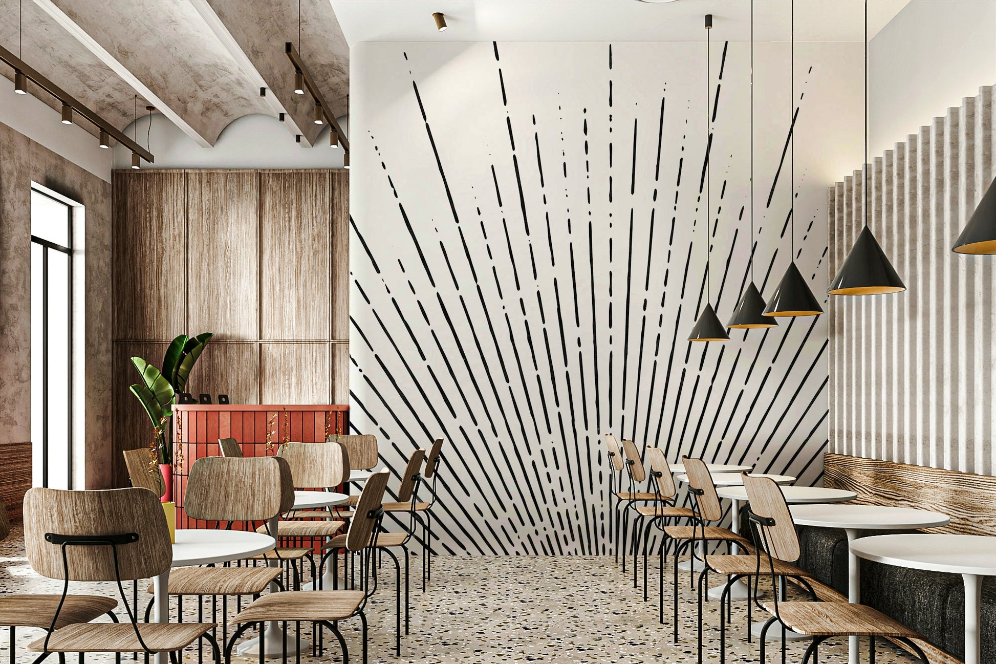 Radiant sun rays in a striking black and white wall mural.

