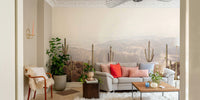 Serene desert vista mural with golden sands stretching into the horizon.

