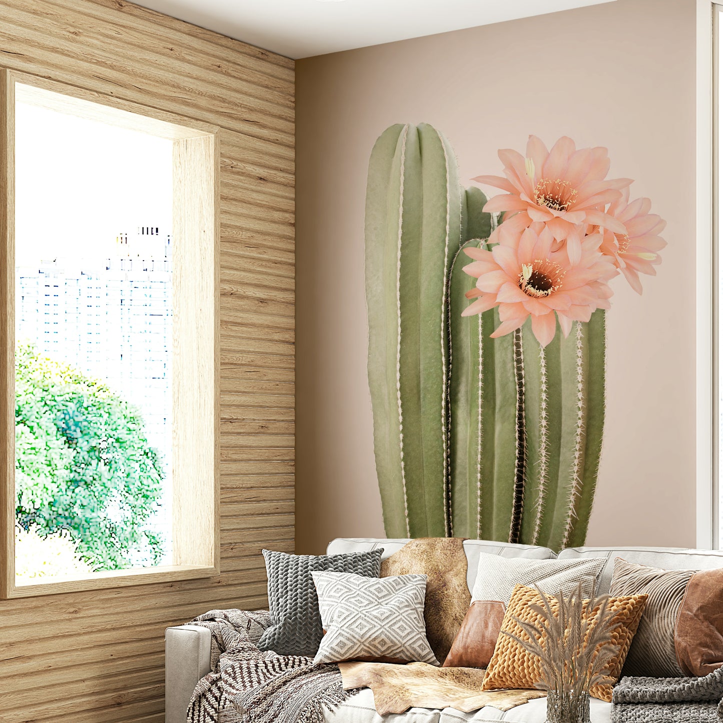 Nature-inspired blooming cactus mural bringing the desert to your home.

