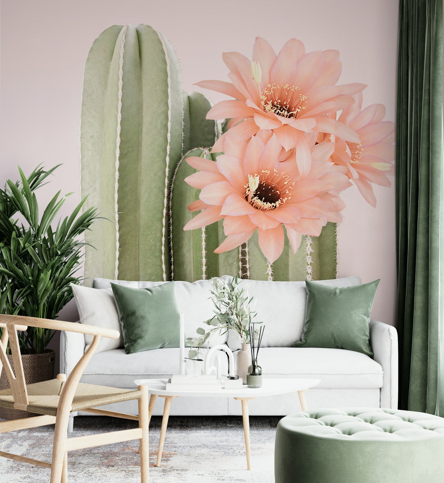 Desert cactus mural with blooming flowers and rich greenery.

