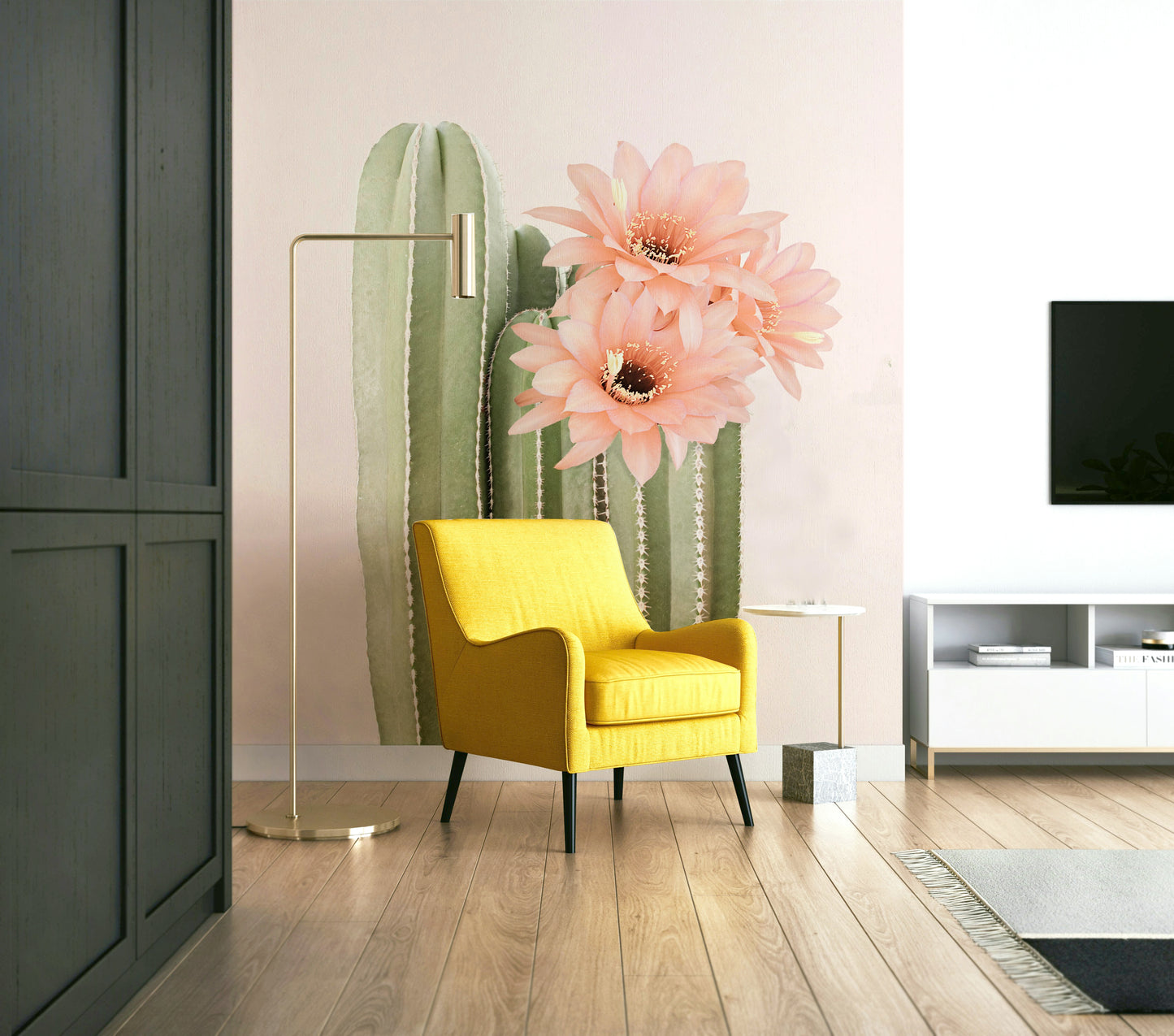 Stunning cactus wall mural with flowers and lush greenery in a desert scene.

