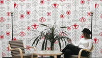 Scandinavian red and grey bloom wallpaper with floral pattern

