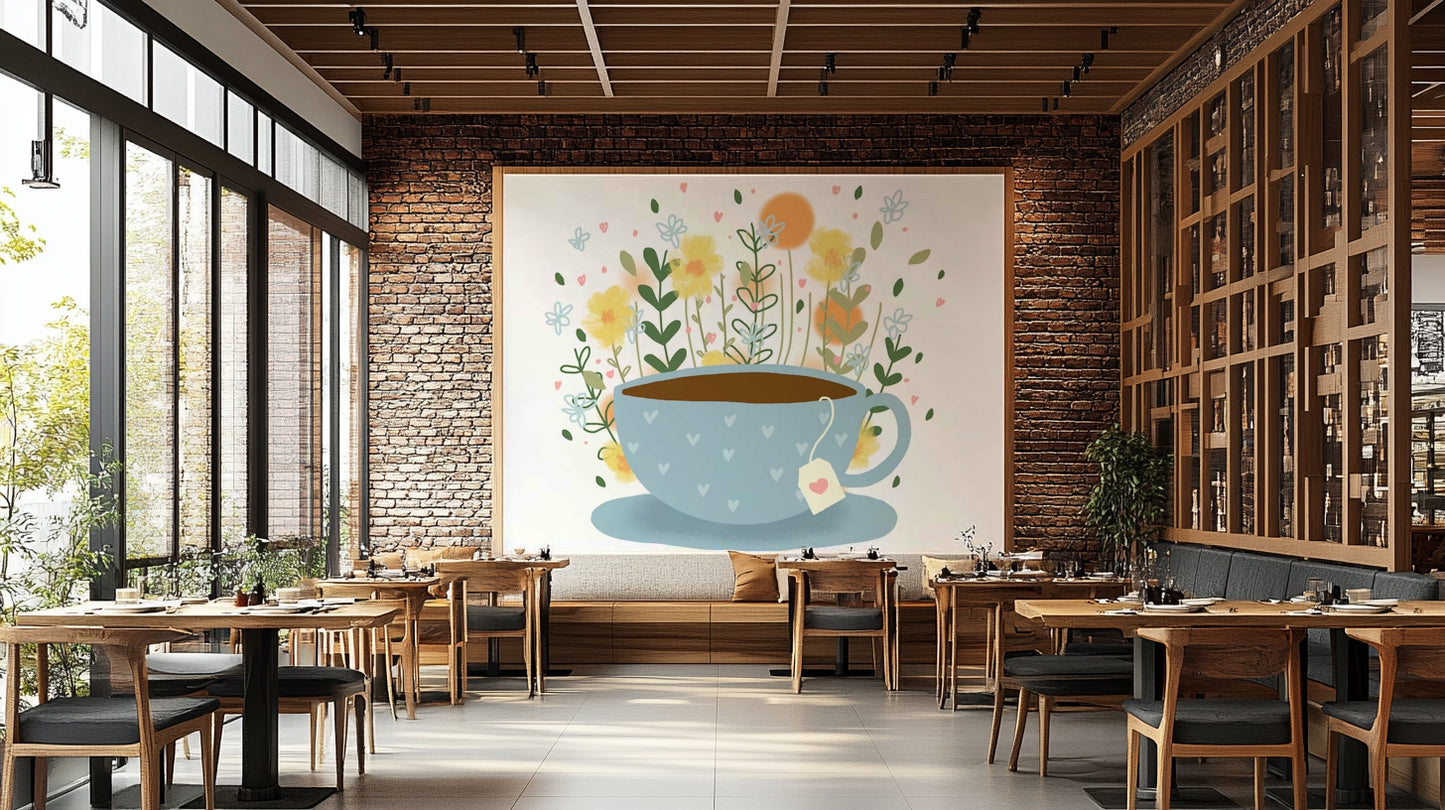 Soft floral tea break mural with pastel flowers and teacups

