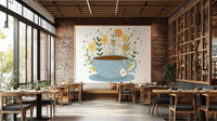 Soft floral tea break mural with pastel flowers and teacups

