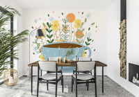 Floral tea break wall mural with delicate flowers and tea cups

