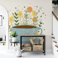 Floral and tea set mural design for a cozy, welcoming space

