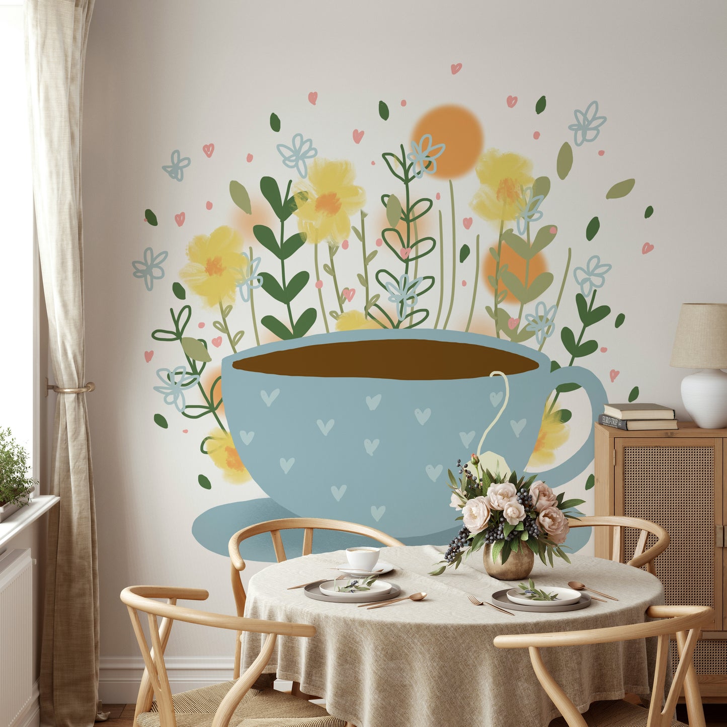 Floral tea break mural in soft pastels with tea cups

