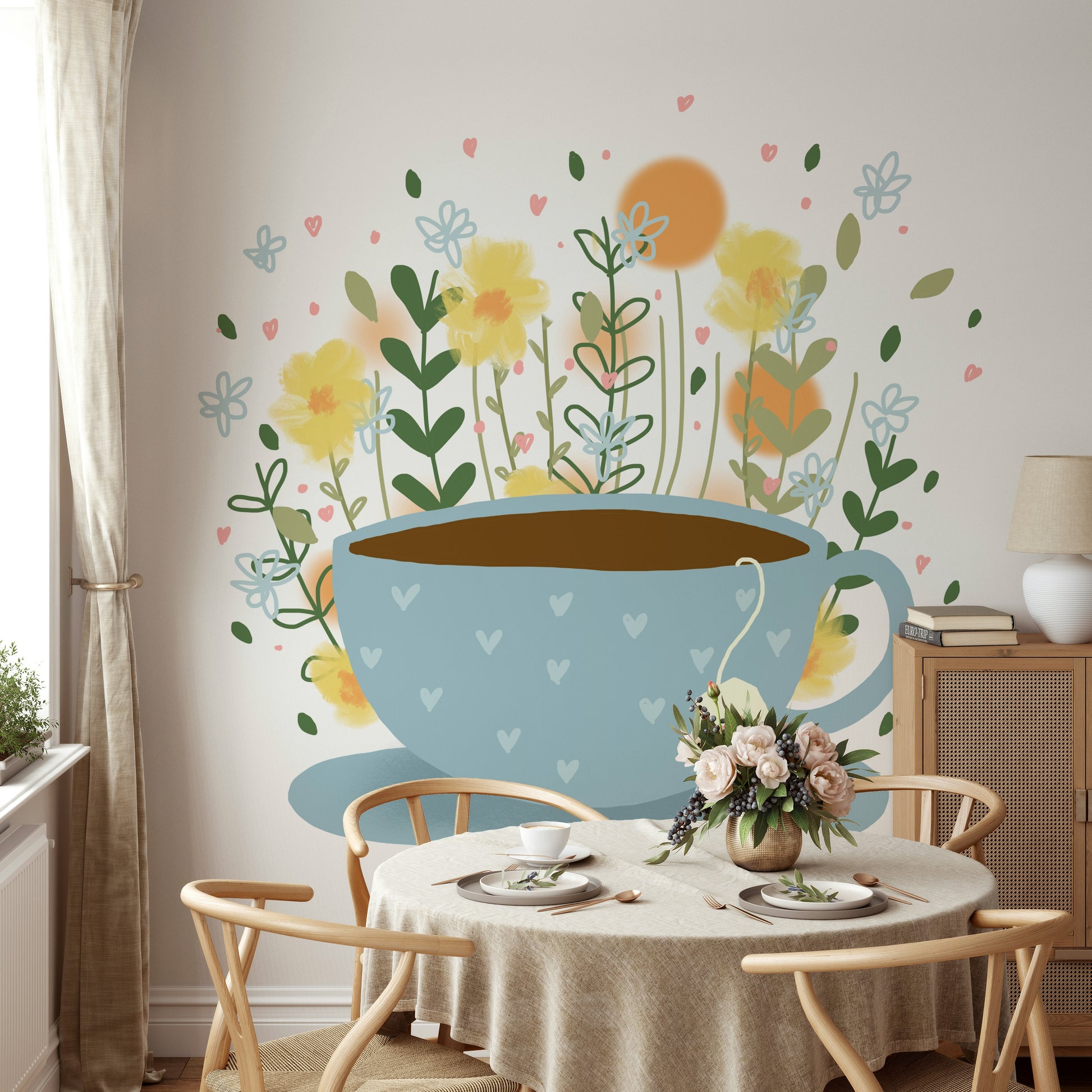 Floral tea break mural in soft pastels with tea cups

