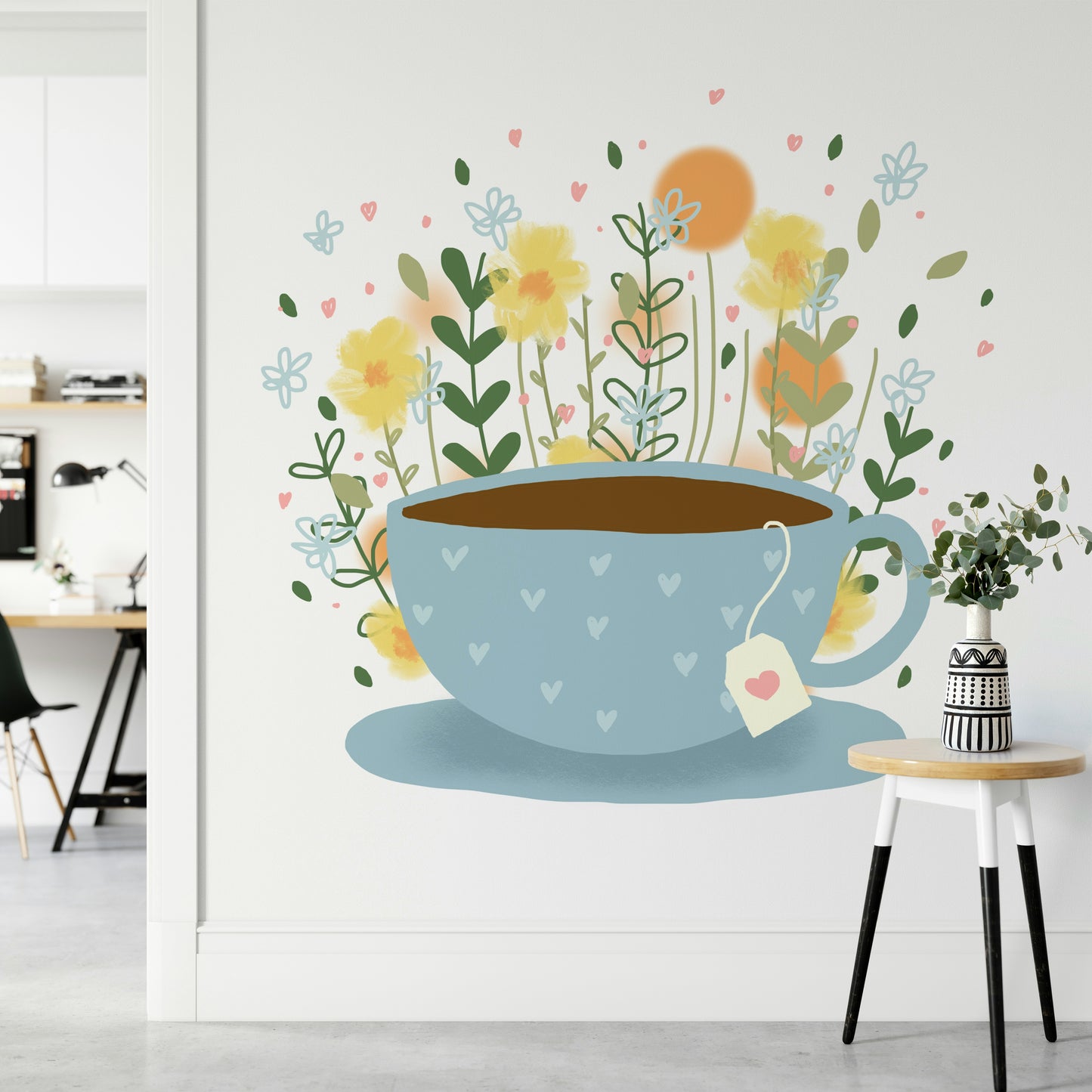 Vintage floral wall mural featuring tea set and blooms

