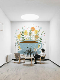 Floral tea break mural with gentle pastels and floral tea set

