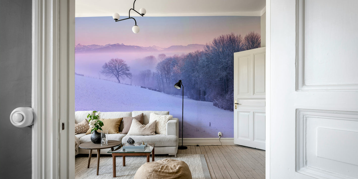 Beautiful snow-covered winter landscape mural for a calm environment.

