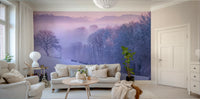 Serene winter scene mural with frosty trees and a soft snowy path.

