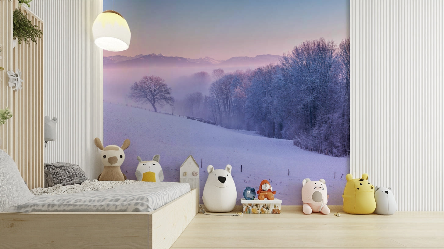 Snow-covered trees and misty mountains captured in a winter mural.

