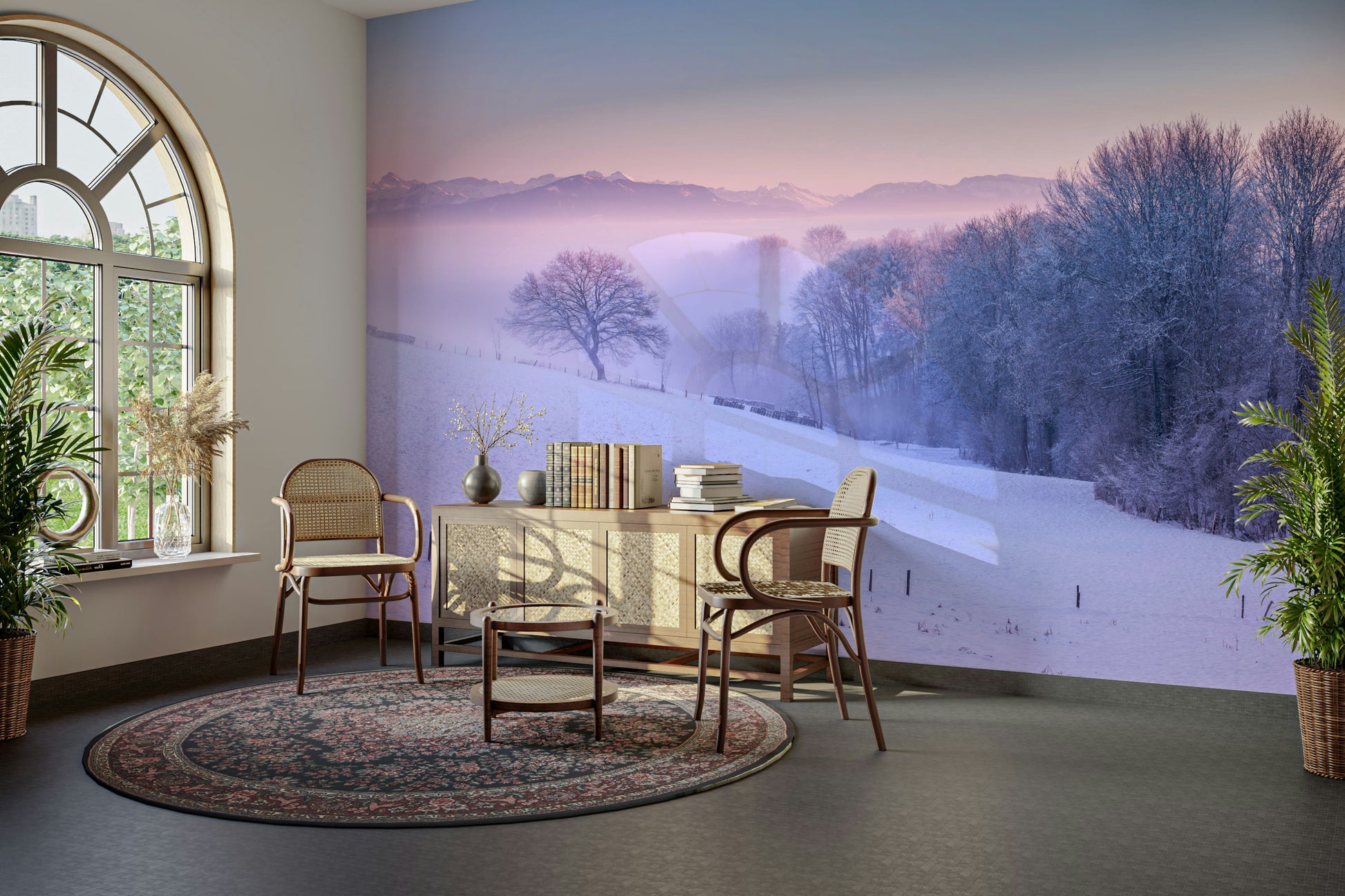 Wintery wall mural with frosted trees and cool, snowy tones.

