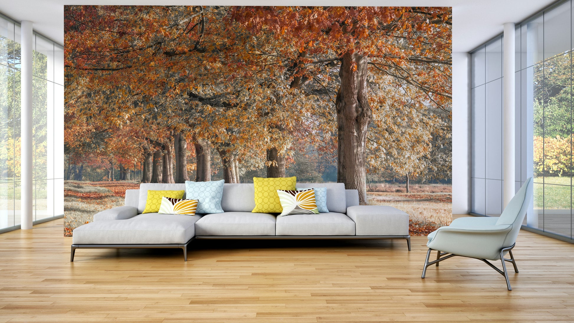 Beautiful autumn path wallpaper mural for a nature-filled room.

