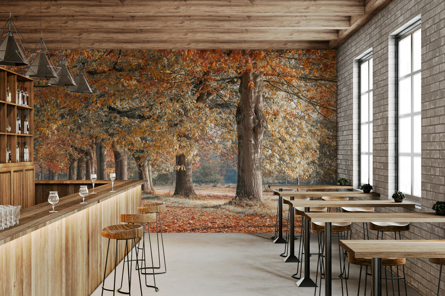 Beautiful autumn landscape with golden leaves wall mural.

