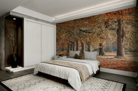 Warm autumn tones of trees and path in a fall-inspired mural.

