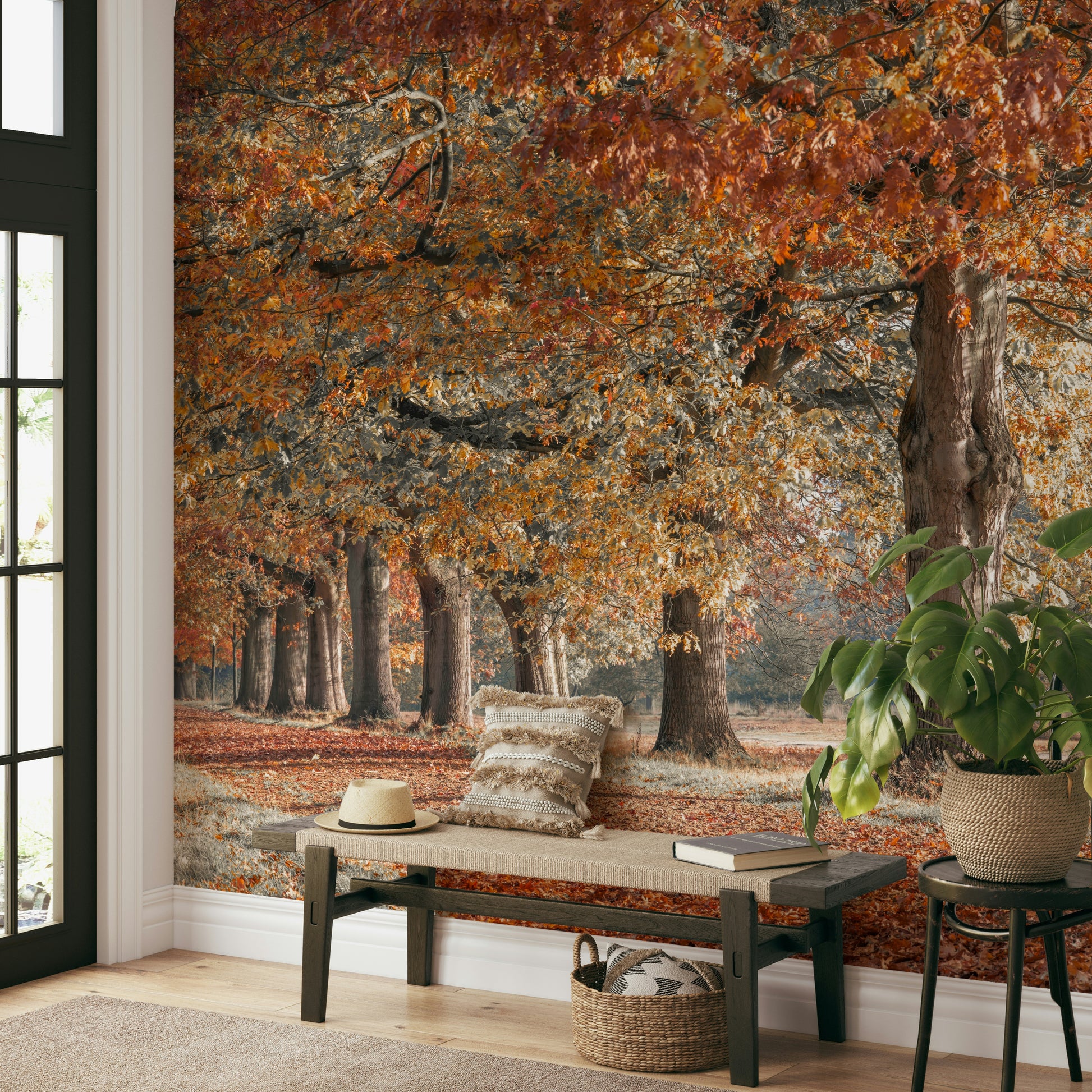 Golden autumn tree mural for a peaceful, nature-inspired space.

