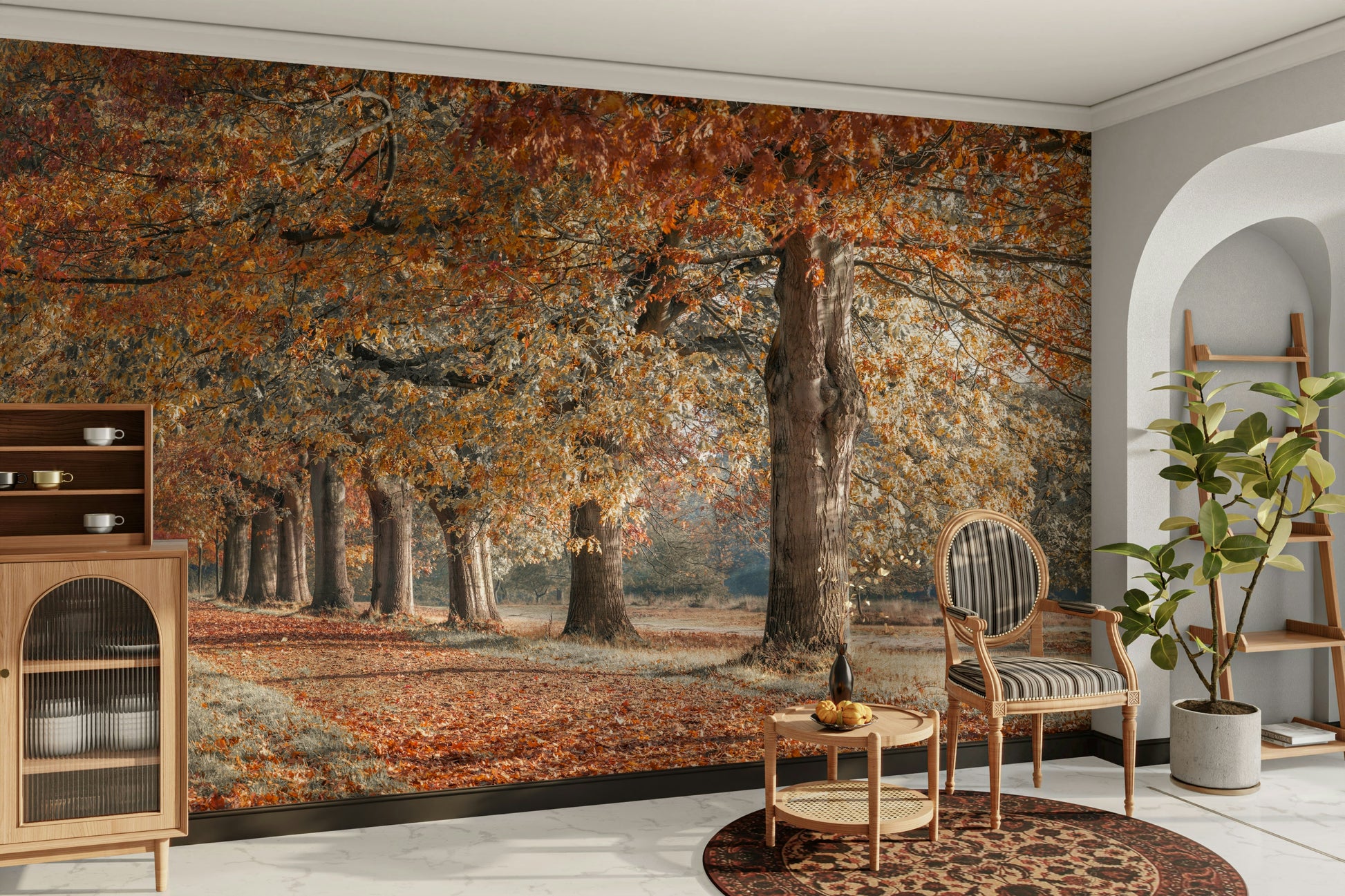 Autumn trees and peaceful path mural for a calming room atmosphere.

